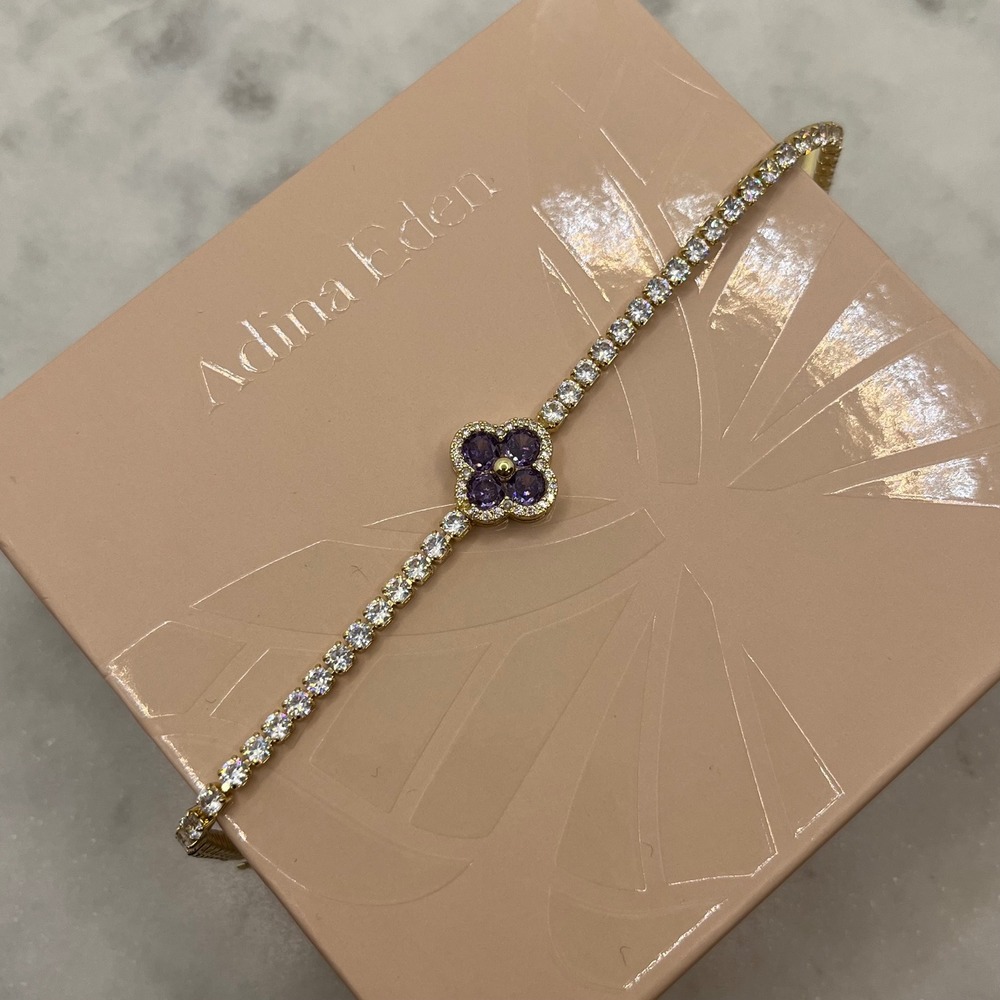 Purple Clover Pave Tennis Bracelet Adina Eden 14K Gold Plate Rhinestone CZ Jewel
